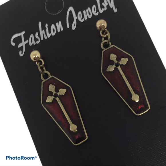 Red & Gold CROSS COFFIN Earrings goth gothic new - Picture 4 of 4